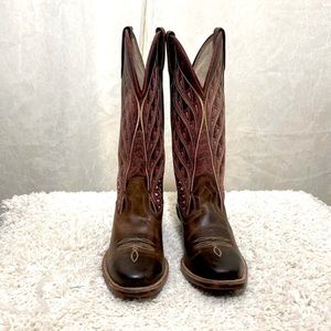 Noble Outfitters woman’s cowboy boots dark brown with pink stitching size 6 1/2